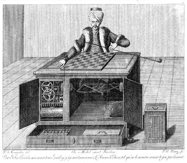 An 18th-century engraving of the Mechanical Turk: a turbaned figure seated at a chess cabinet with its doors open, revealing the gears inside.
